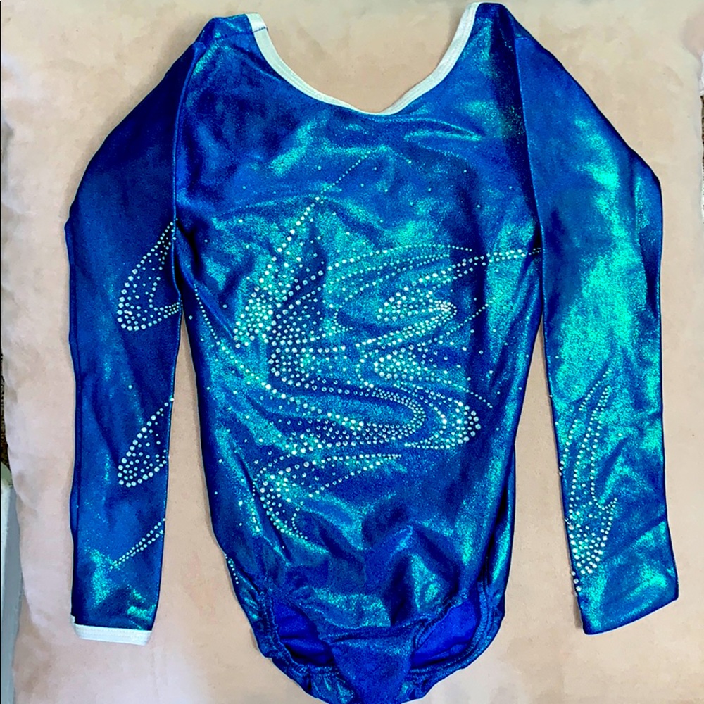 Blue/green glittery leotard with rhinestones
